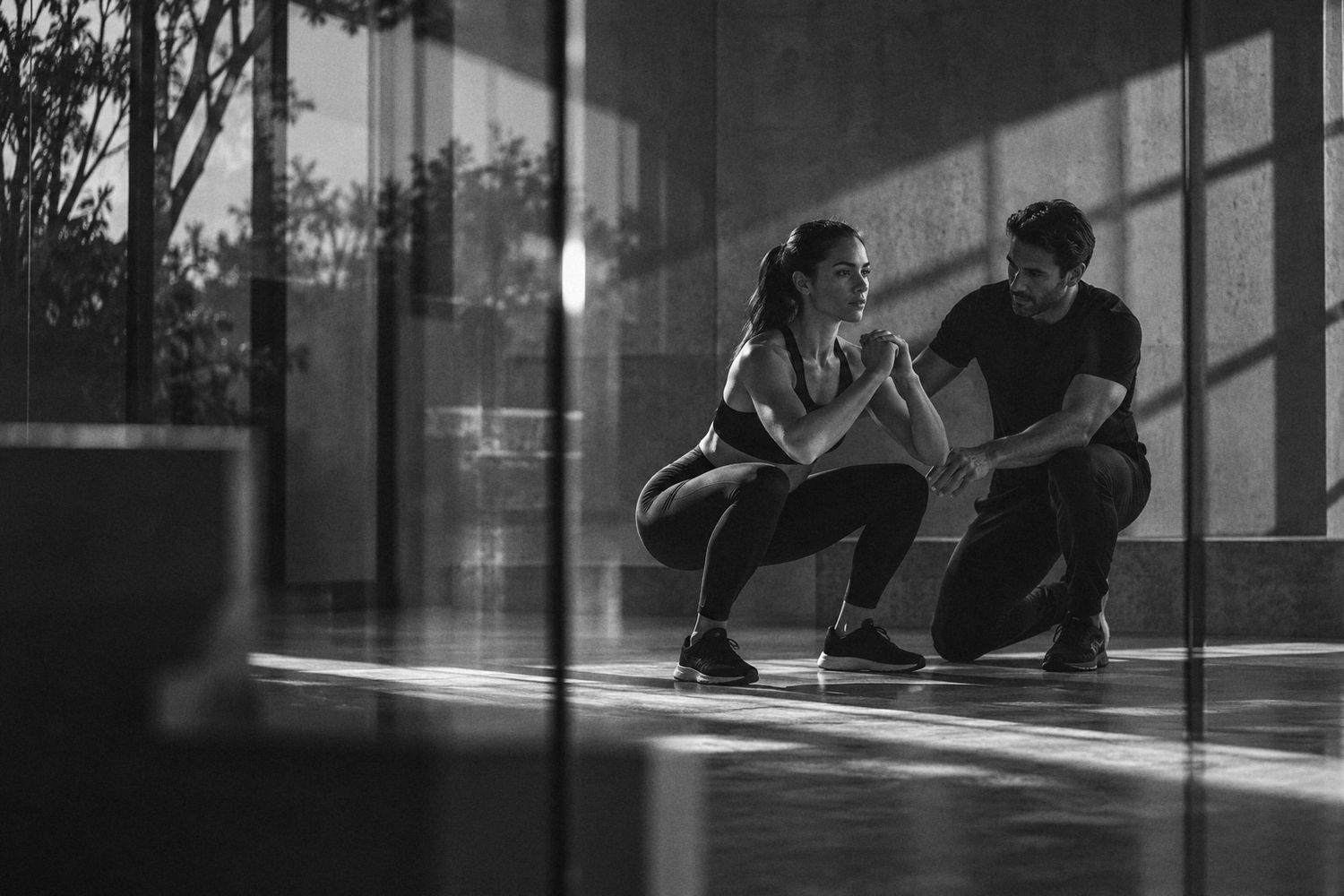 Coach corrigiendo la sentadilla de una clienta en un estudio de concreto, en blanco y negro