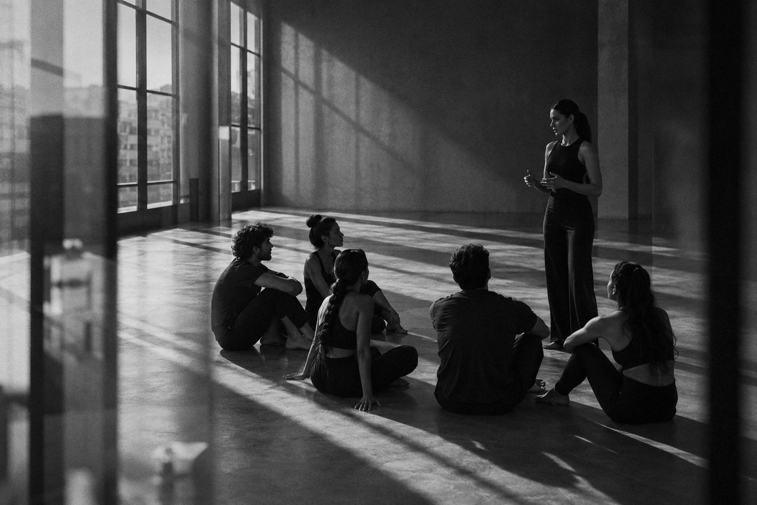 Coaches en formación escuchando a su instructora en un estudio amplio, en blanco y negro