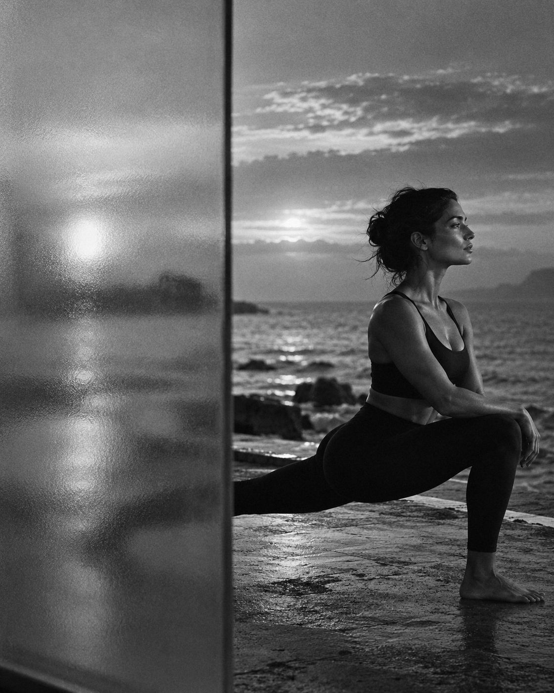Mujer en zancada profunda frente al mar, vista en parte a través de vidrio esmerilado, en blanco y negro